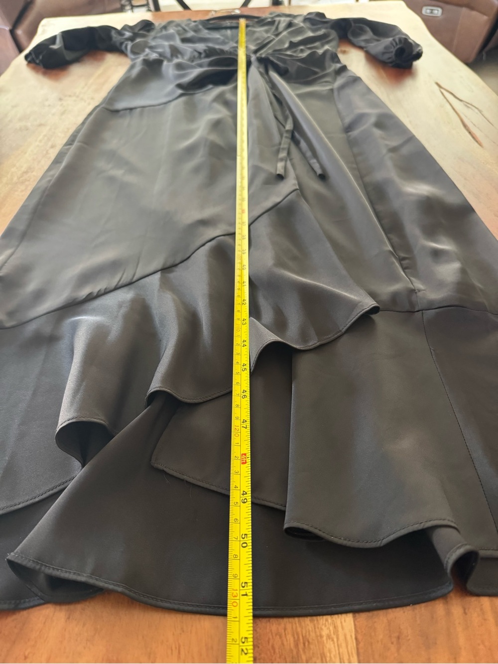 Donna Morgan Black Silk 3/4 Sleeve Dress, Slim Details on Waist, Flirty Hem - Picture 5 of 14